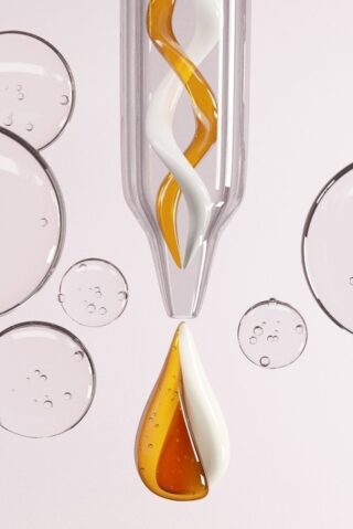 Cream and Essence oil mixed in a Cosmetic pipette surrounded by warter bubbles on a white background.-3d rendering.